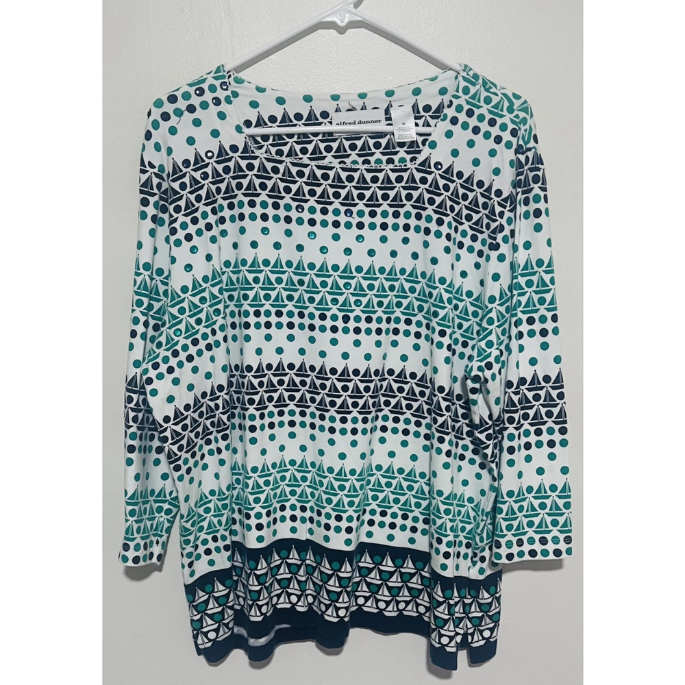 Alfred Dunner Sailboat Top Women's XL Navy Green White Polka Dot 3/4 Sleeve Tee